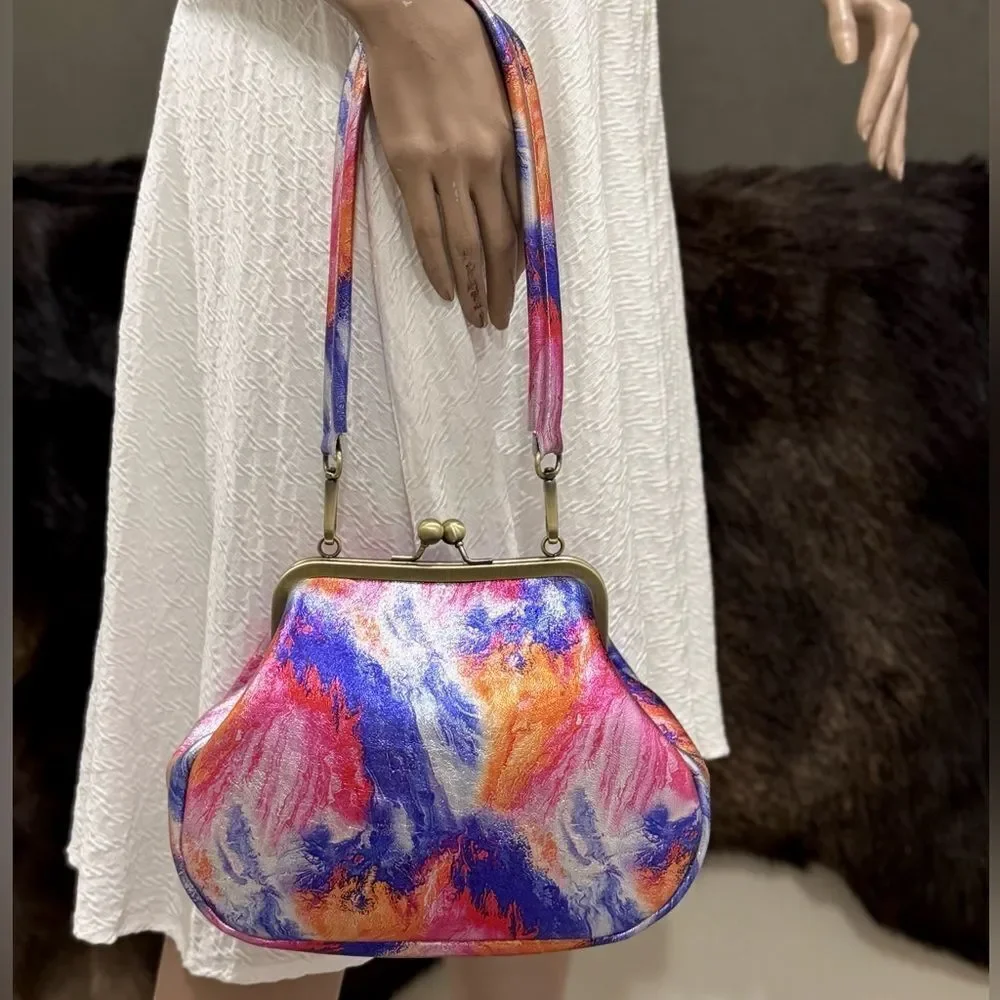 Iridescent Genuine Leather Handmade Vintage Style Kisslock Handbag, Crossbody